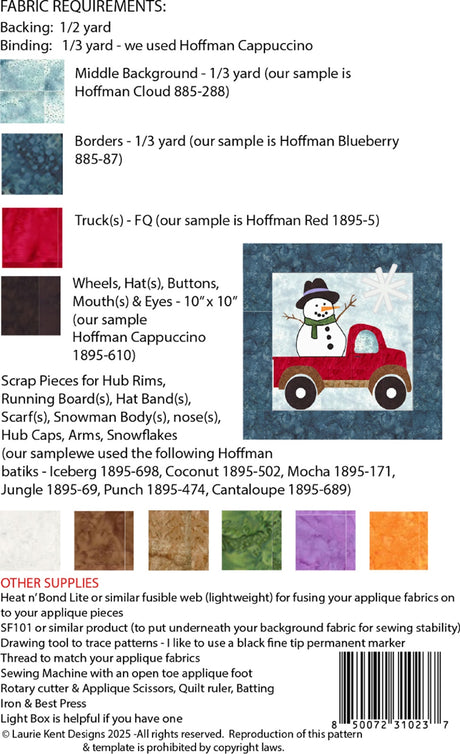 Back of the Truckin Snowman Applique Pattern by Laurie Kent Designs