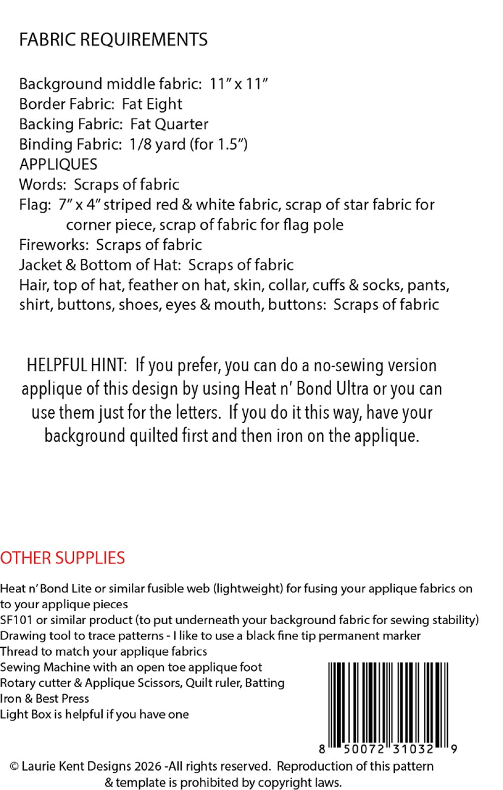 Back of the Happy 4th! Sewing Applique Pattern Quilt Pattern by Laurie Kent Designs