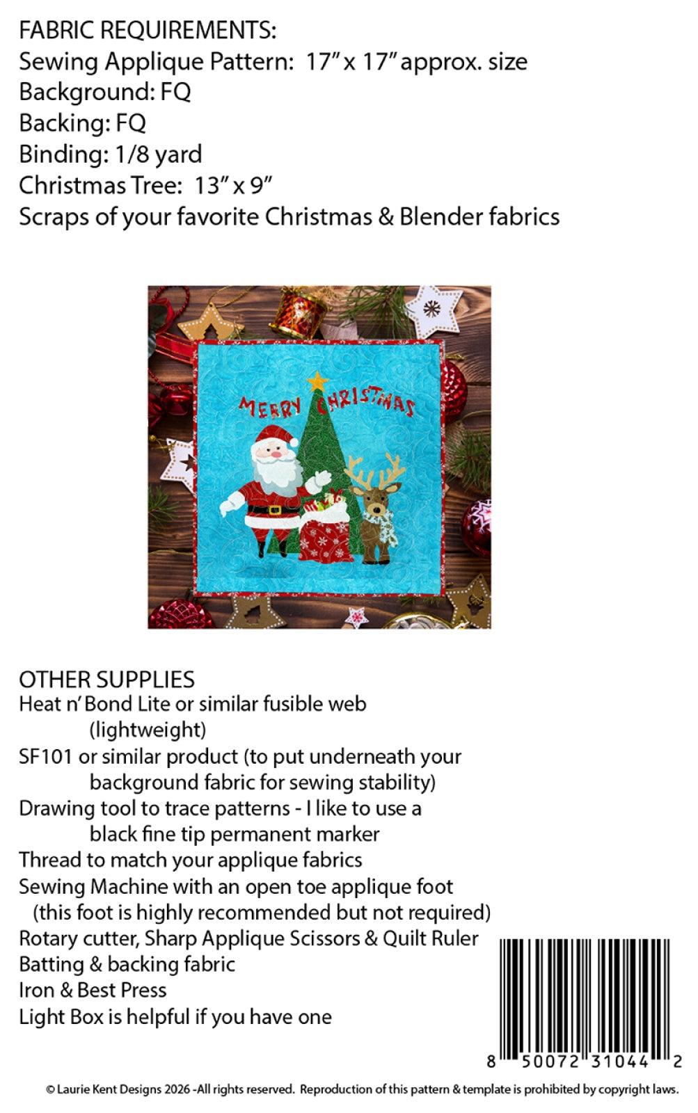 Back of Santa & Reindeer Sewiing Applique Pattern - Laurie Kent Designs - 17" x 17"