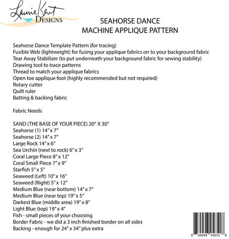 Back of the Seahorse Dance Applique Pattern by Laurie Kent Designs
