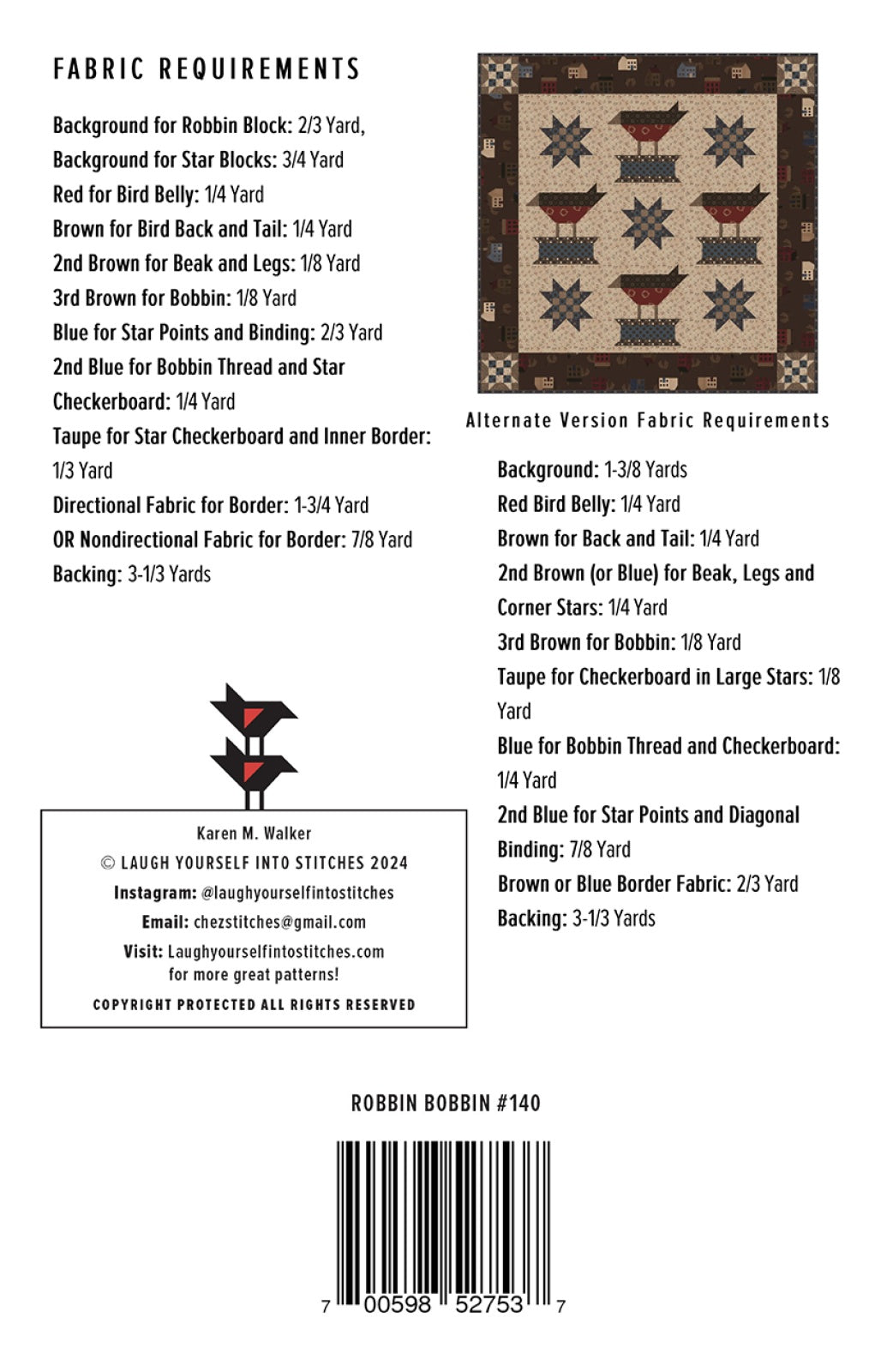 Back of the Robbin Bobbin Quilt Pattern by Laugh Yourself Into Stitches