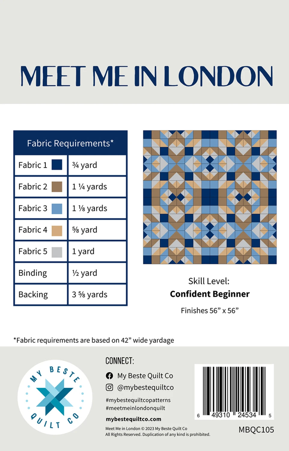 Back of the Meet Me in London Quilt Pattern by My Beste Quilt Co