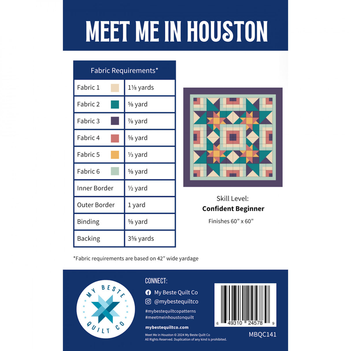 Back of the Meet Me in Houston Quilt Pattern by My Beste Quilt Co