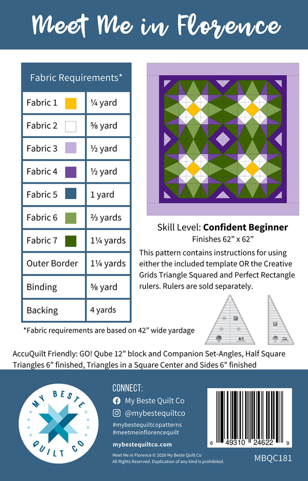 Back of Meet Me in Florence Quilt Pattern - My Beste Quilt Co - 62" x 62"