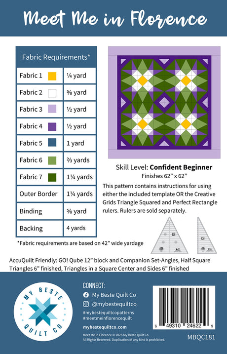 Back of Meet Me in Florence Quilt Pattern - My Beste Quilt Co - 62" x 62"
