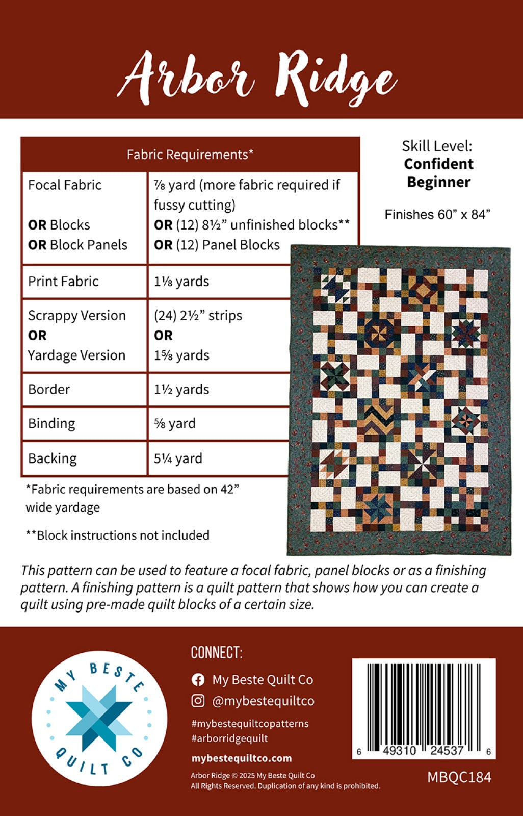 Back of the Arbor Ridge Quilt Pattern by My Beste Quilt Co