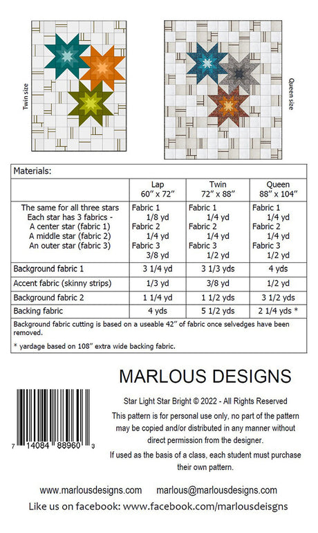 Back of the Starlight Quilt Pattern by Marlous Designs