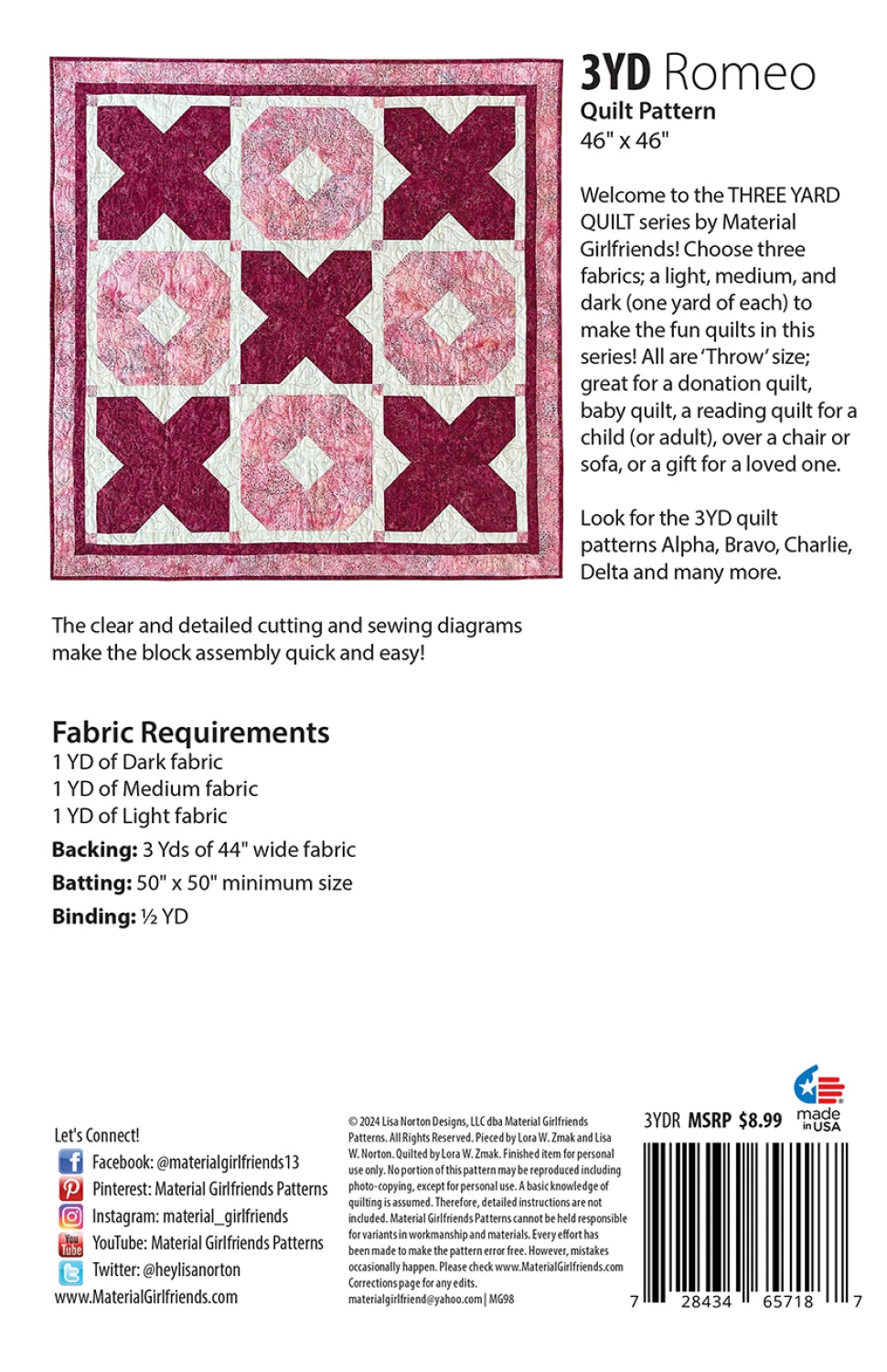 Back of the 3yd Romeo Quilt Pattern by Material Girlfriends