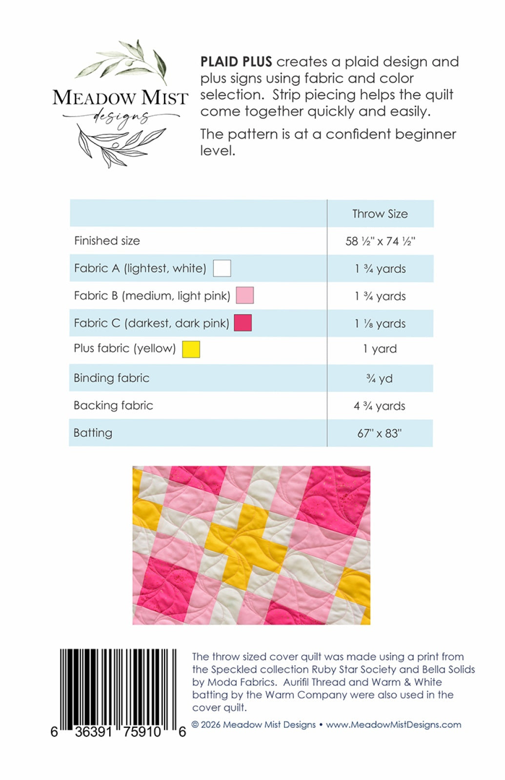 Back of the Plaid Plus Quilt Pattern by Meadow Mist Designs