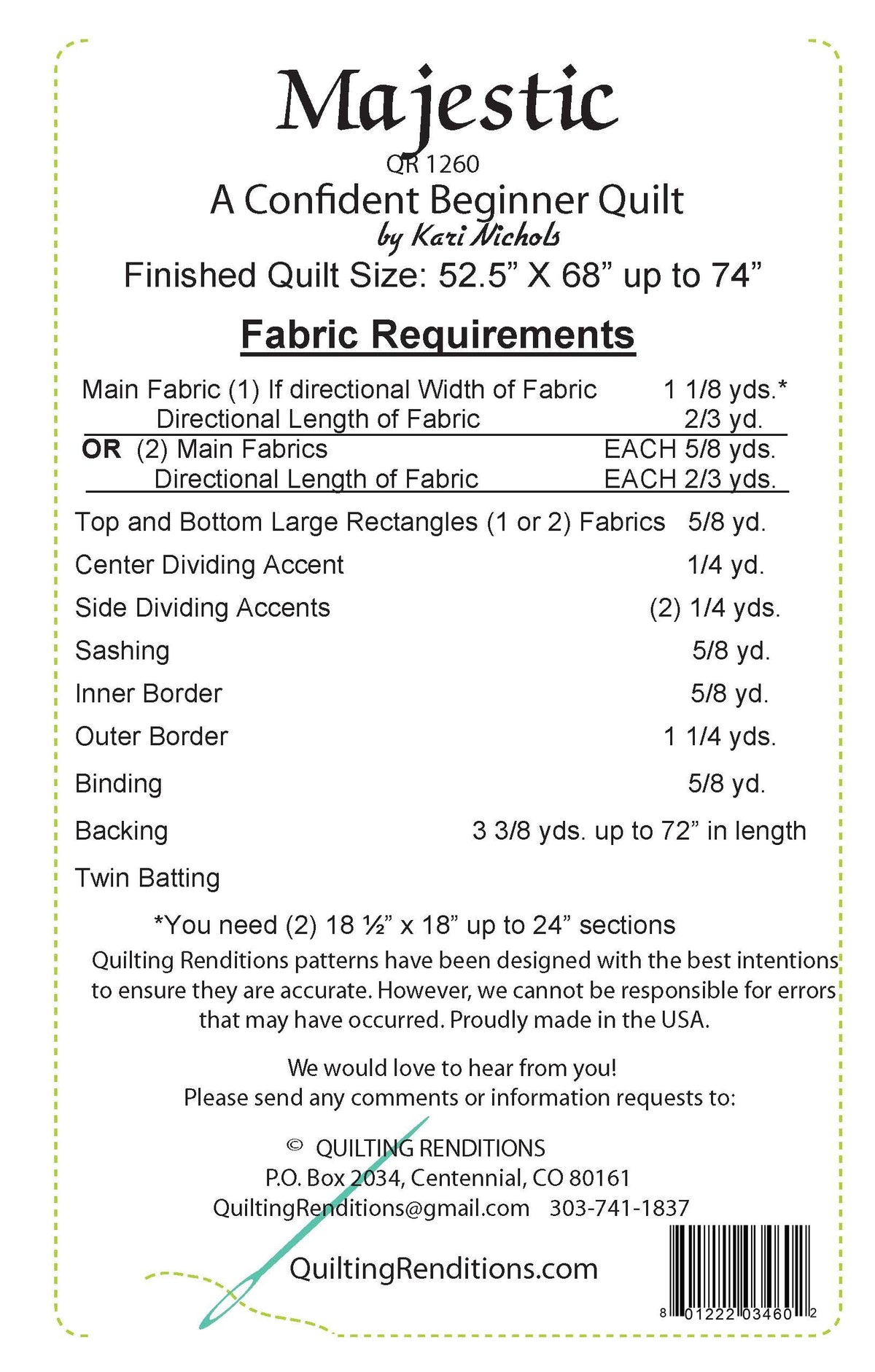 Back of the Majestic Downloadable Pattern by Quilting Renditions