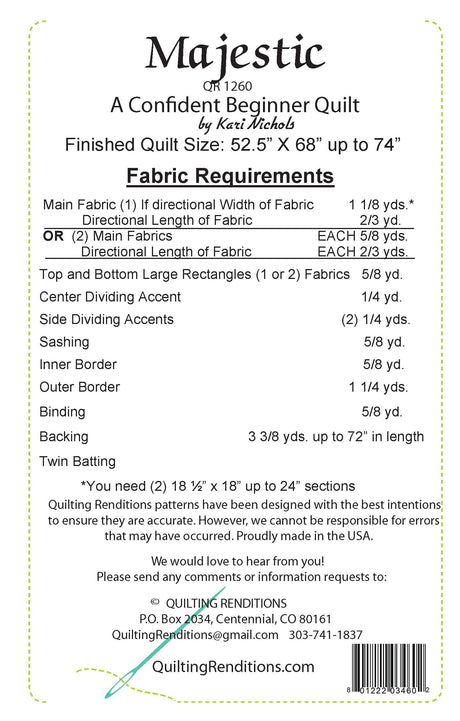 Back of the Majestic Downloadable Pattern by Quilting Renditions