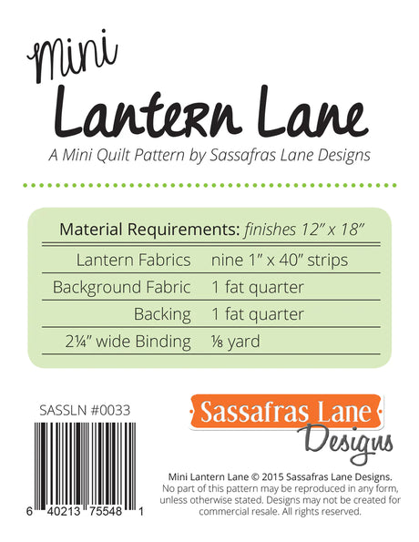 Back of the Mini Lantern Lane Quilt Pattern by Sassafras Lane Designs