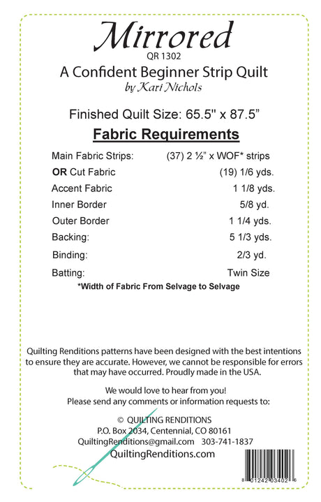 Back of the Mirrored Quilt Pattern by Quilting Renditions