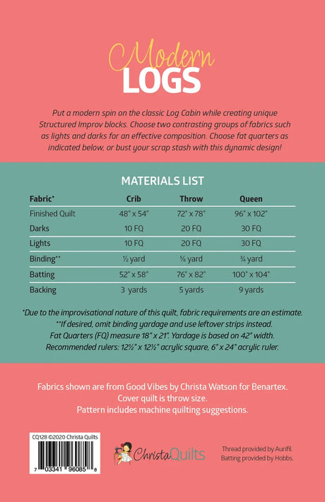 Back of the Modern Logs Paper Quilt Pattern by Christa Quilts