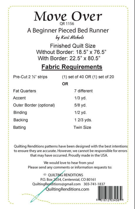 Back of the Move Over Pattern by Quilting Renditions
