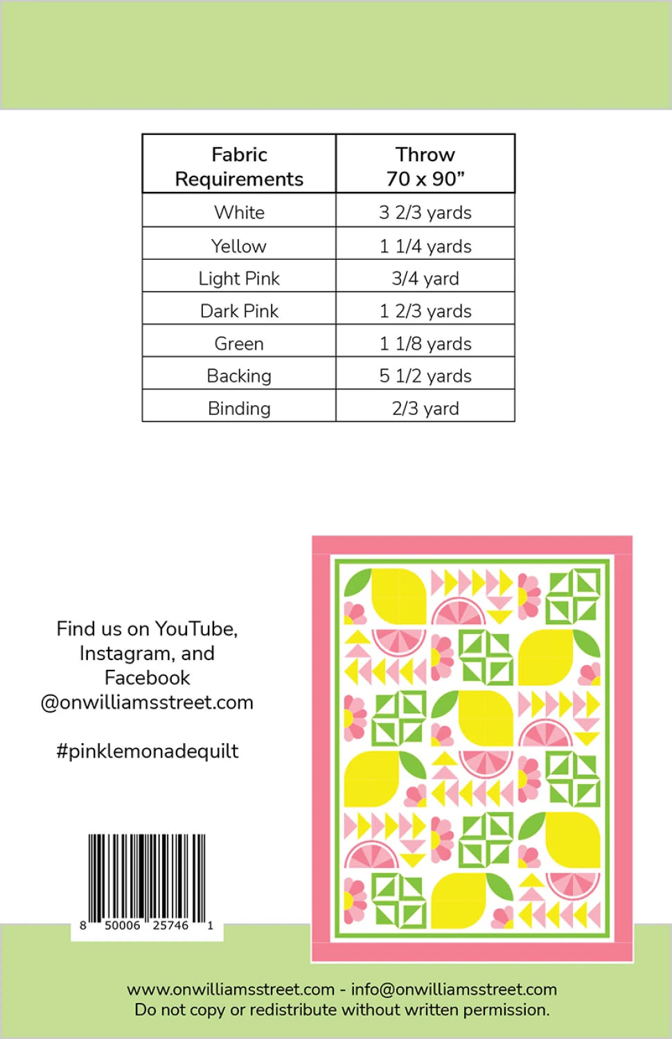 Back of the Pink Lemonade Quilt Pattern by On Williams Street