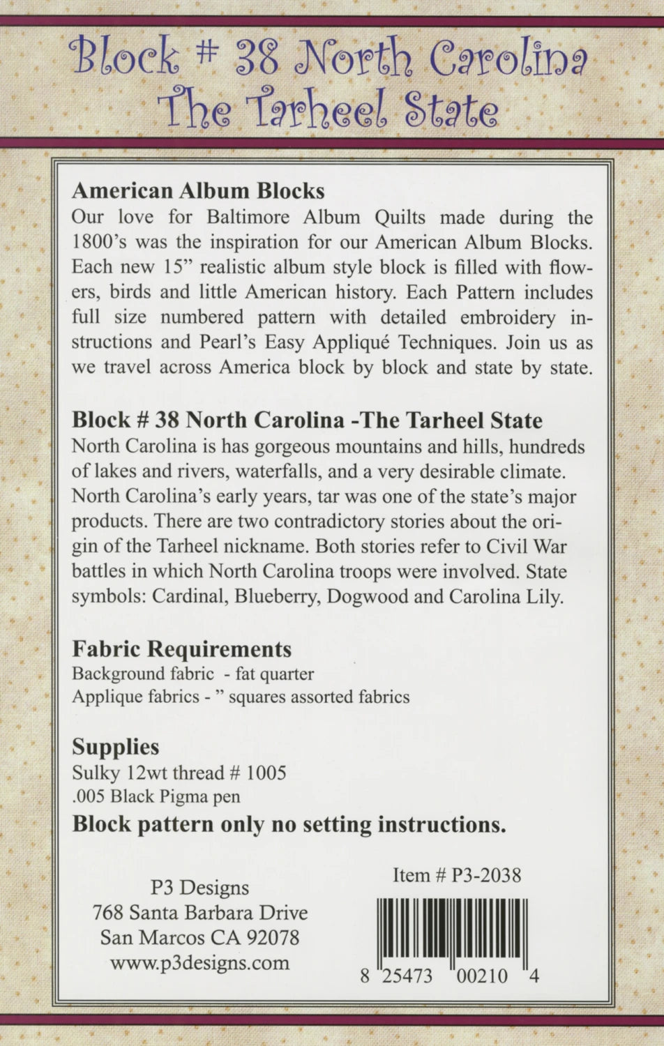 Back of the American Album - North Carolina Tarheel State Block 38 by P3 Designs