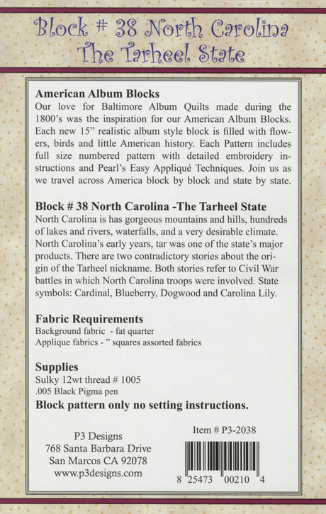 Back of the American Album - North Carolina Tarheel State Block 38 by P3 Designs