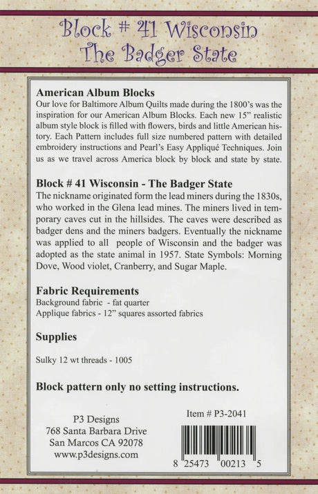 American Album - Wisconsin Badger State Block 41 by P3 Designs
