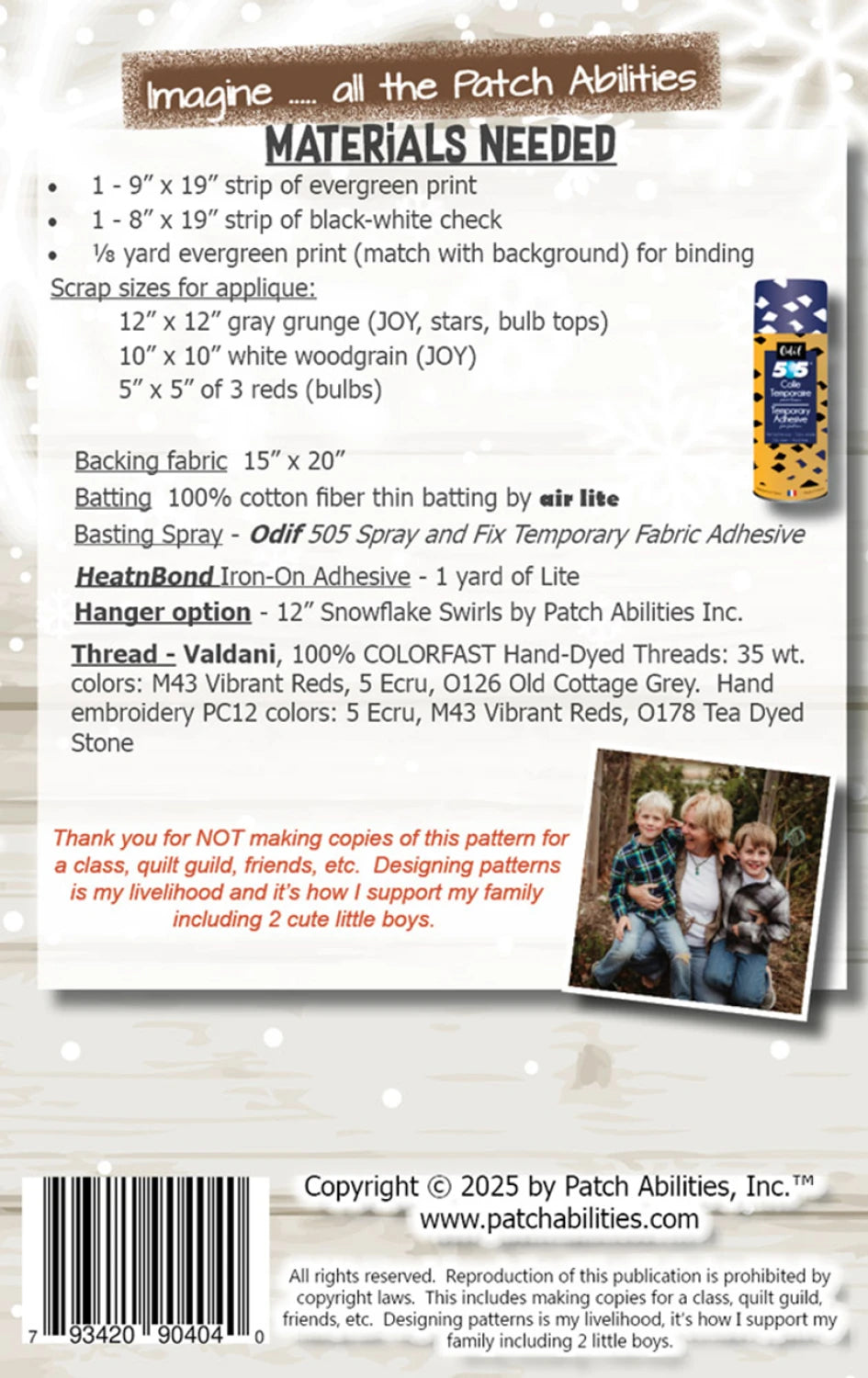 Back of the Rustic Joy Pattern by Patch Abilities - Patterns