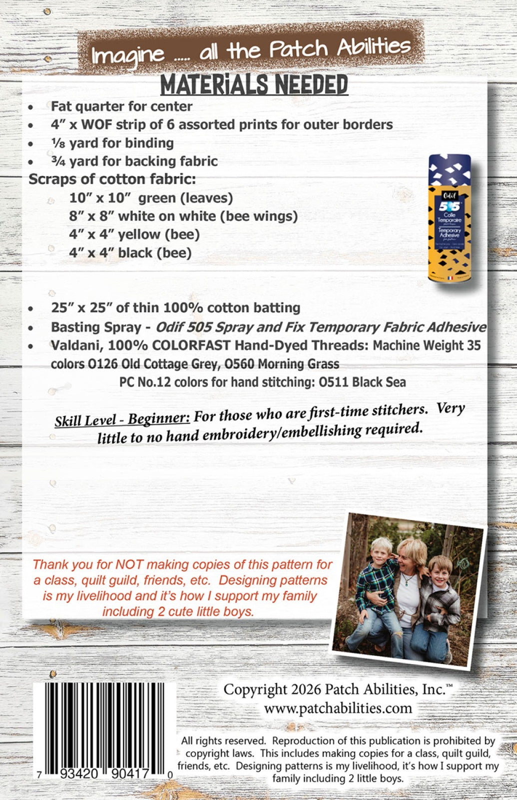 Back of the Sew Bee It Table Mat Quilt Pattern by Patch Abilities