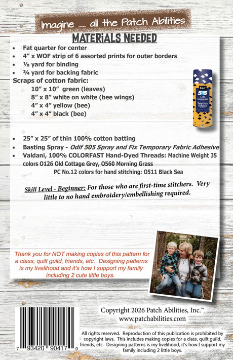 Back of the Sew Bee It Table Mat Quilt Pattern by Patch Abilities