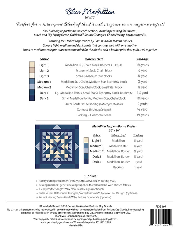Blue Medallion BOM Quilt Pattern by Perkins Dry Goods