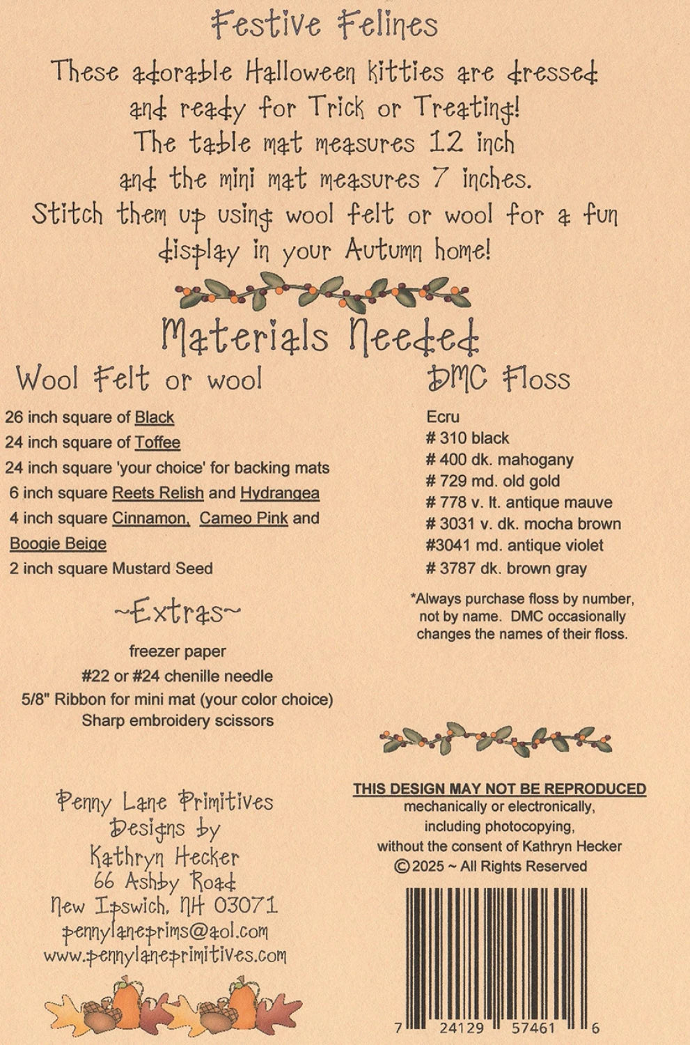 Back of the Festive Felines Quilt Pattern by Penny Lane Primitives