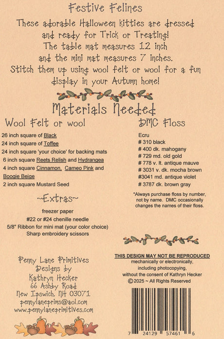 Back of the Festive Felines Quilt Pattern by Penny Lane Primitives