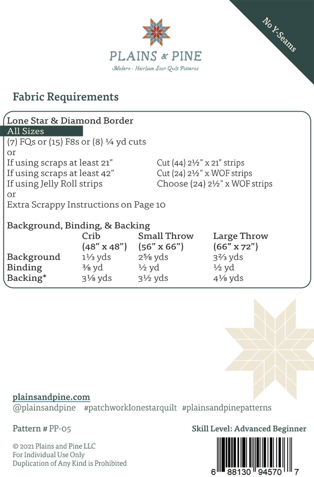 Back of the Patchwork Lone Star Quilt Pattern by Plains and Pine