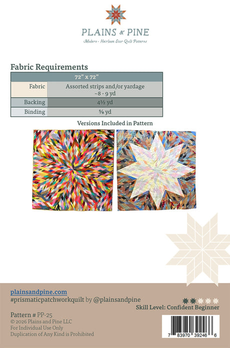 Back of the Prismatic Patchwork Quilt Pattern by Plains and Pine