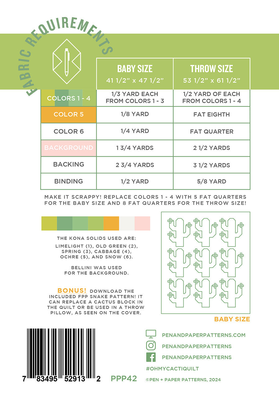 Back of the Oh My Cacti Quilt Pattern by Pen and Paper Patterns