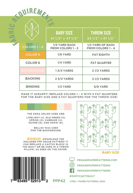 Back of the Oh My Cacti Quilt Pattern by Pen and Paper Patterns