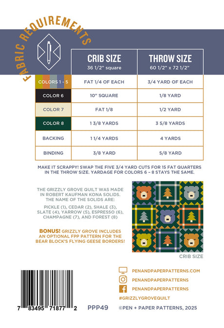 Back of the Grizzly Grove Quilt Pattern by Pen & Paper Patterns