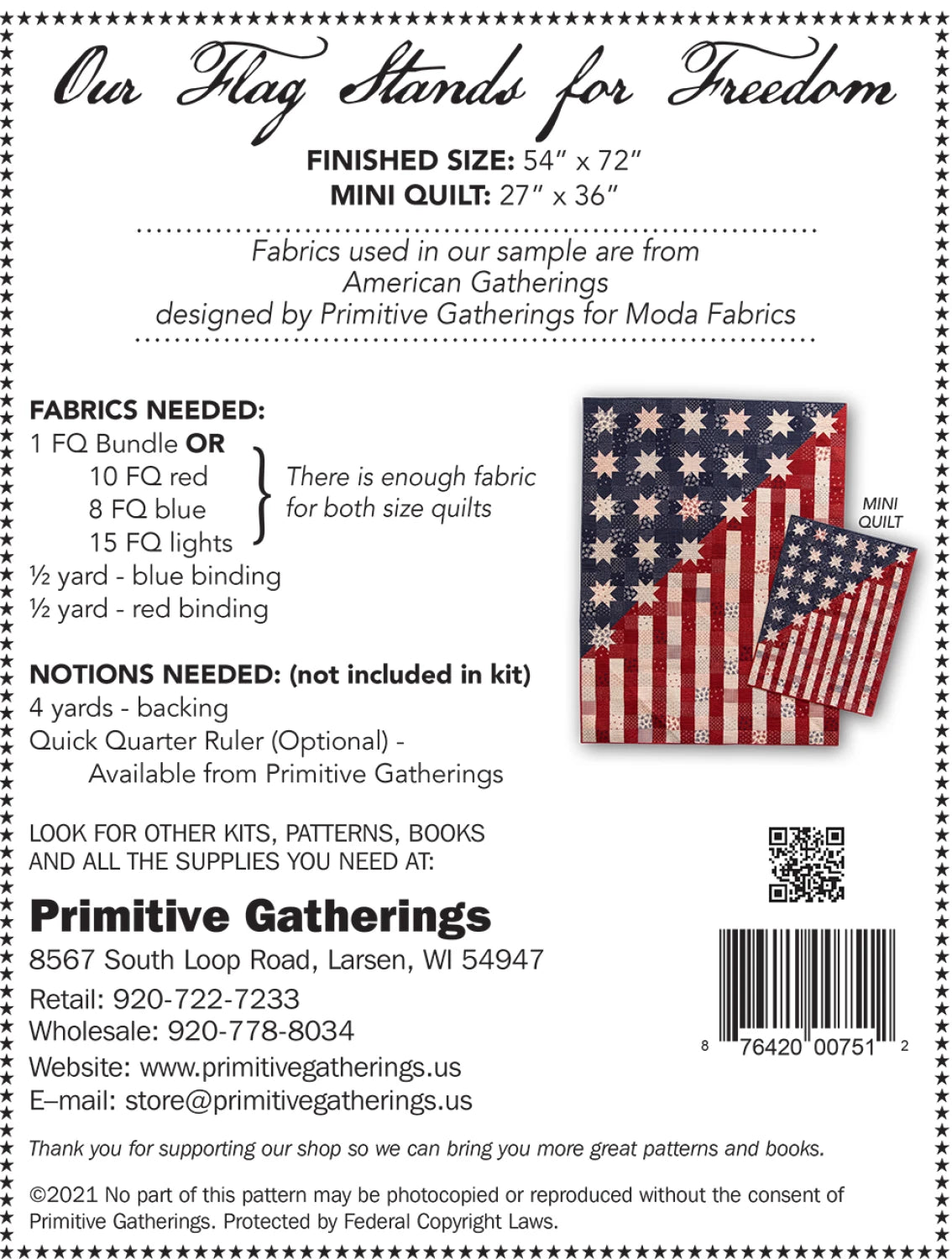 Back of the Our Flag Stands For Freedom Quilt Pattern by Primitive Gatherings