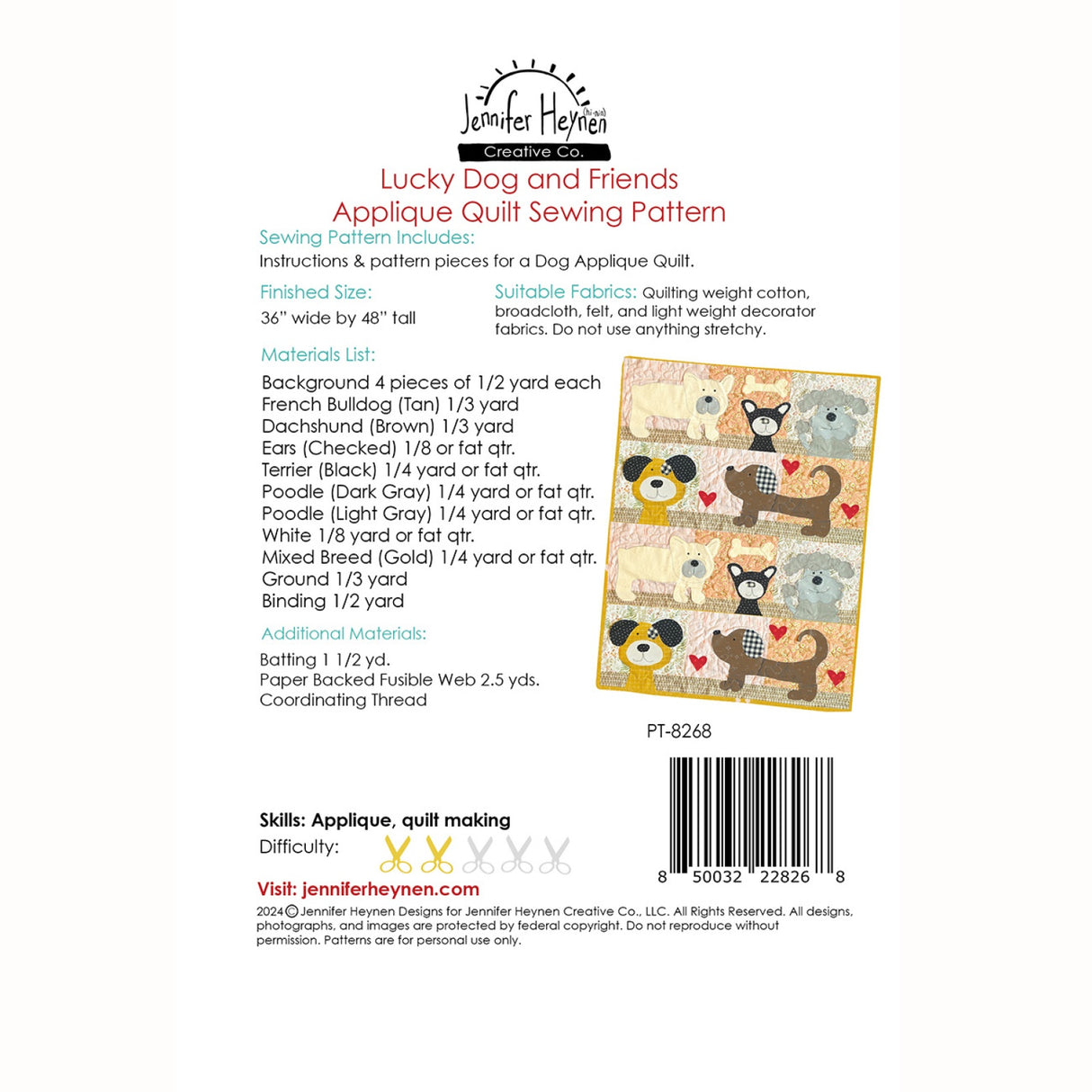 Back of the Lucky and Friends Dog Applique Quilt Pattern by Jennifer Heynen Creative Co.