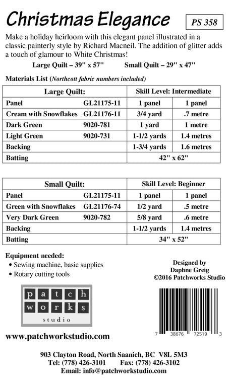 Back of the Christmas Elegance Quilt Pattern by Patch Works Studio