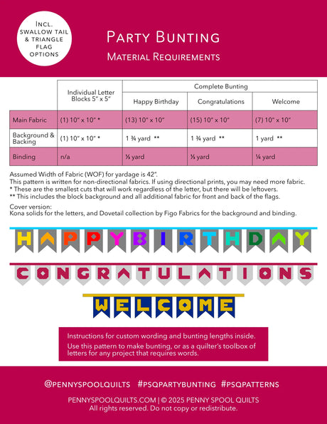 Back of the Party Bunting Downloadable Pattern by Penny Spool Quilts Pattern