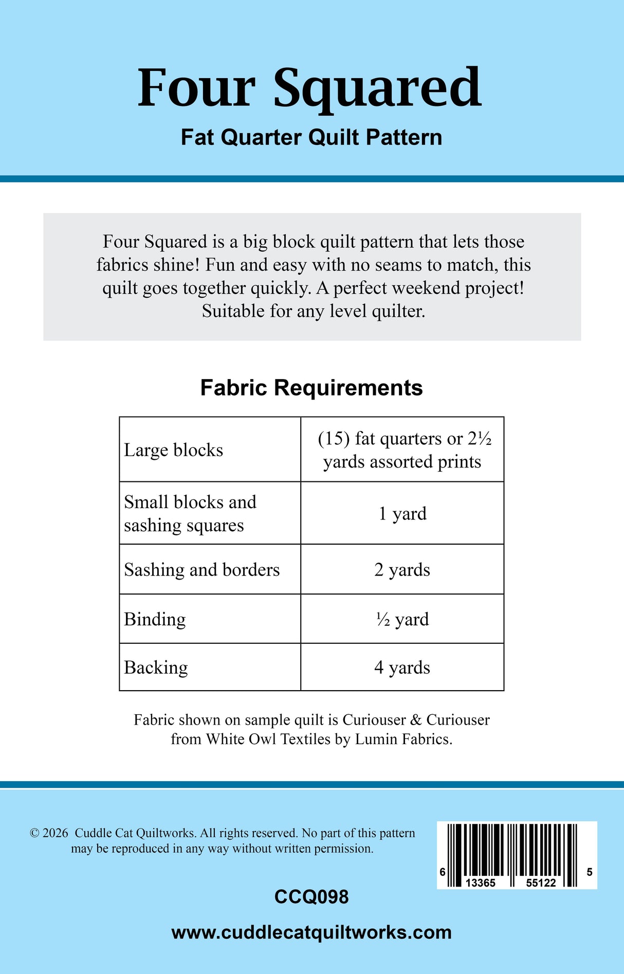 Back of the Four Squared Downloadable Pattern by Cuddle Cat Quiltworks