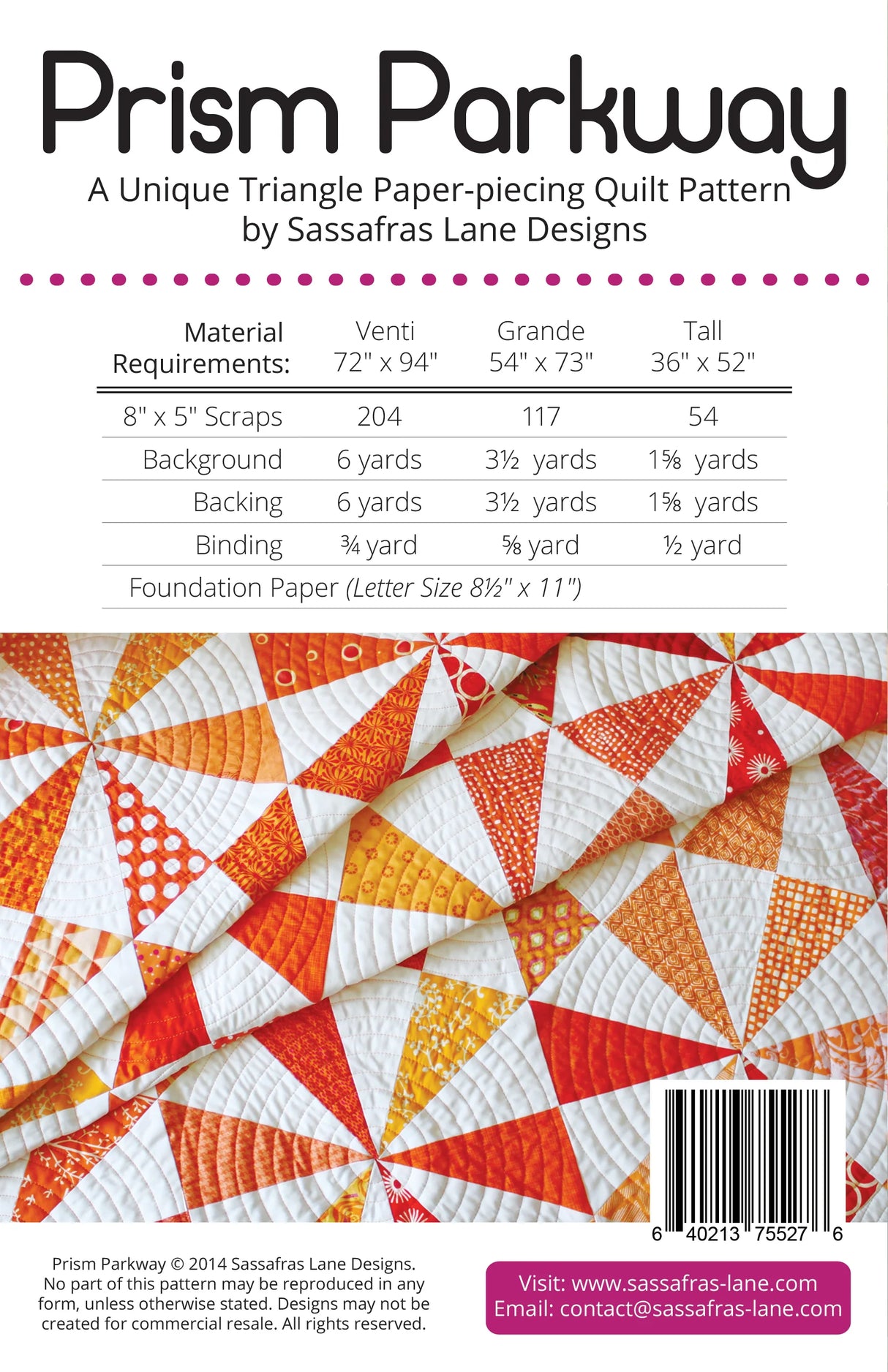 Back of the Prism Parkway Quilt Pattern by Sassafras Lane Design