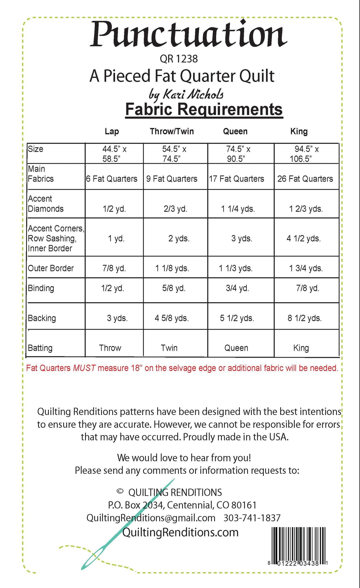 Back of the Punctuation Downloadable Pattern by Quilting Renditions