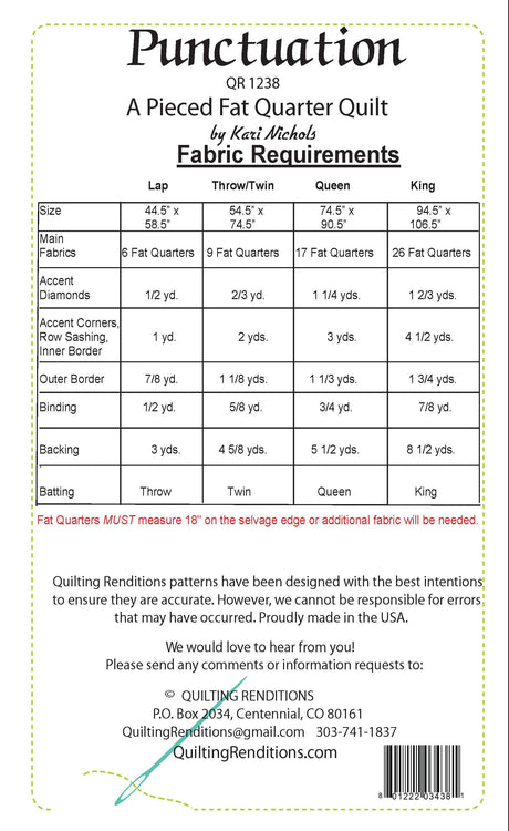 Back of the Punctuation Downloadable Pattern by Quilting Renditions
