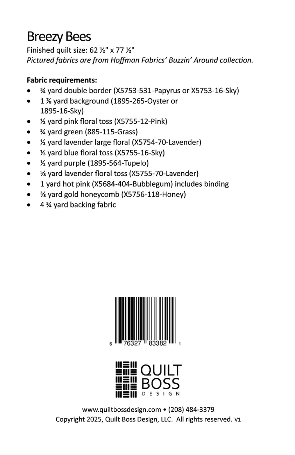 Back of the Breezy Bees Quilt Pattern by Quilt Boss Design