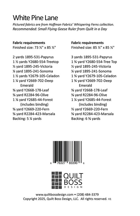 Back of the White Pine Lane Quilt Pattern by Quilt Boss Design