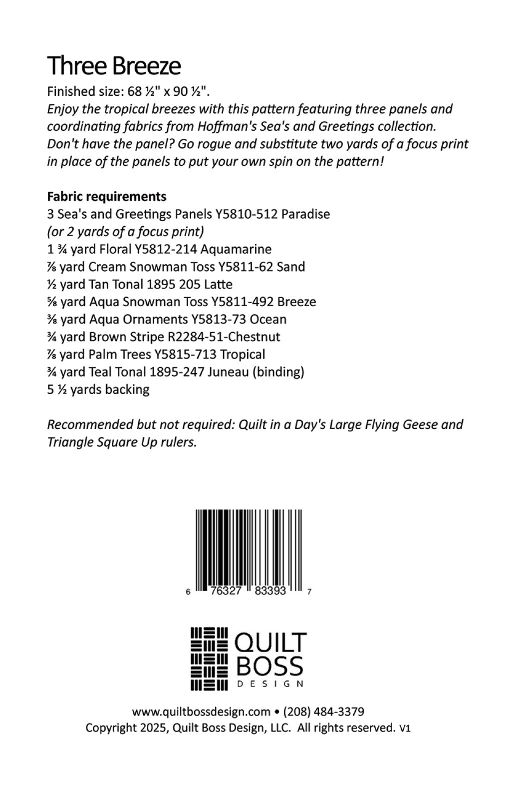 Back of the Three Breeze Quilt Pattern by Quilt Boss Design