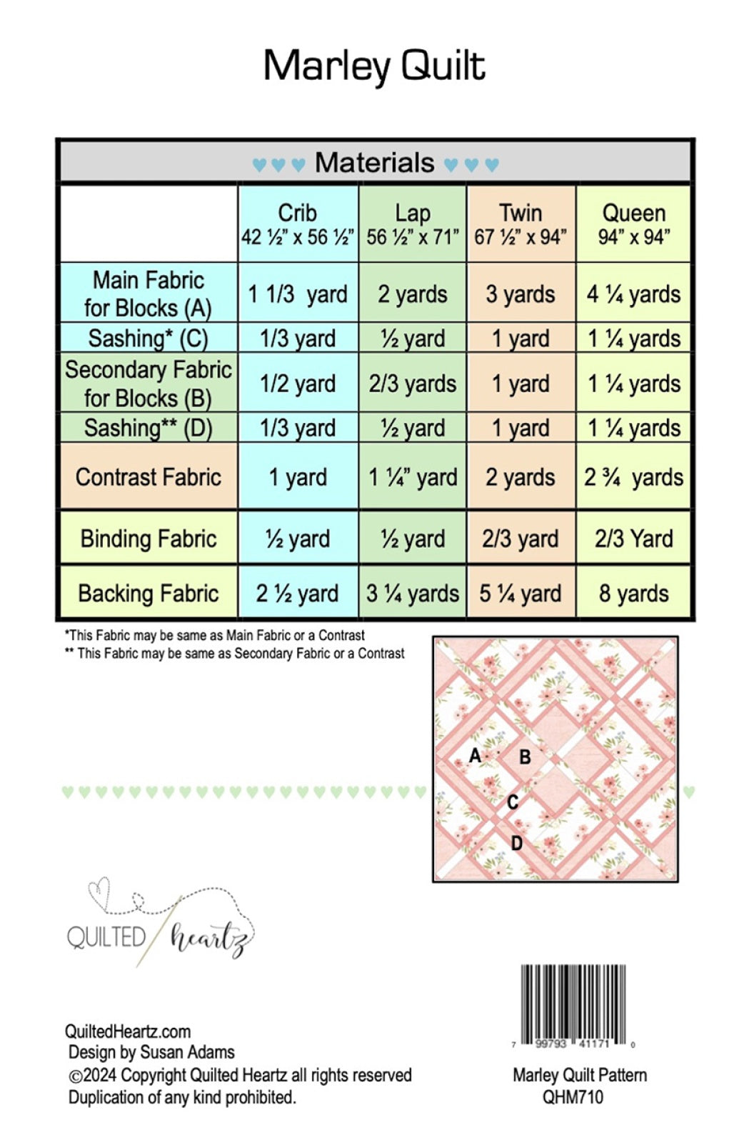 Back of the Marley Quilt Pattern by Quilted Heartz