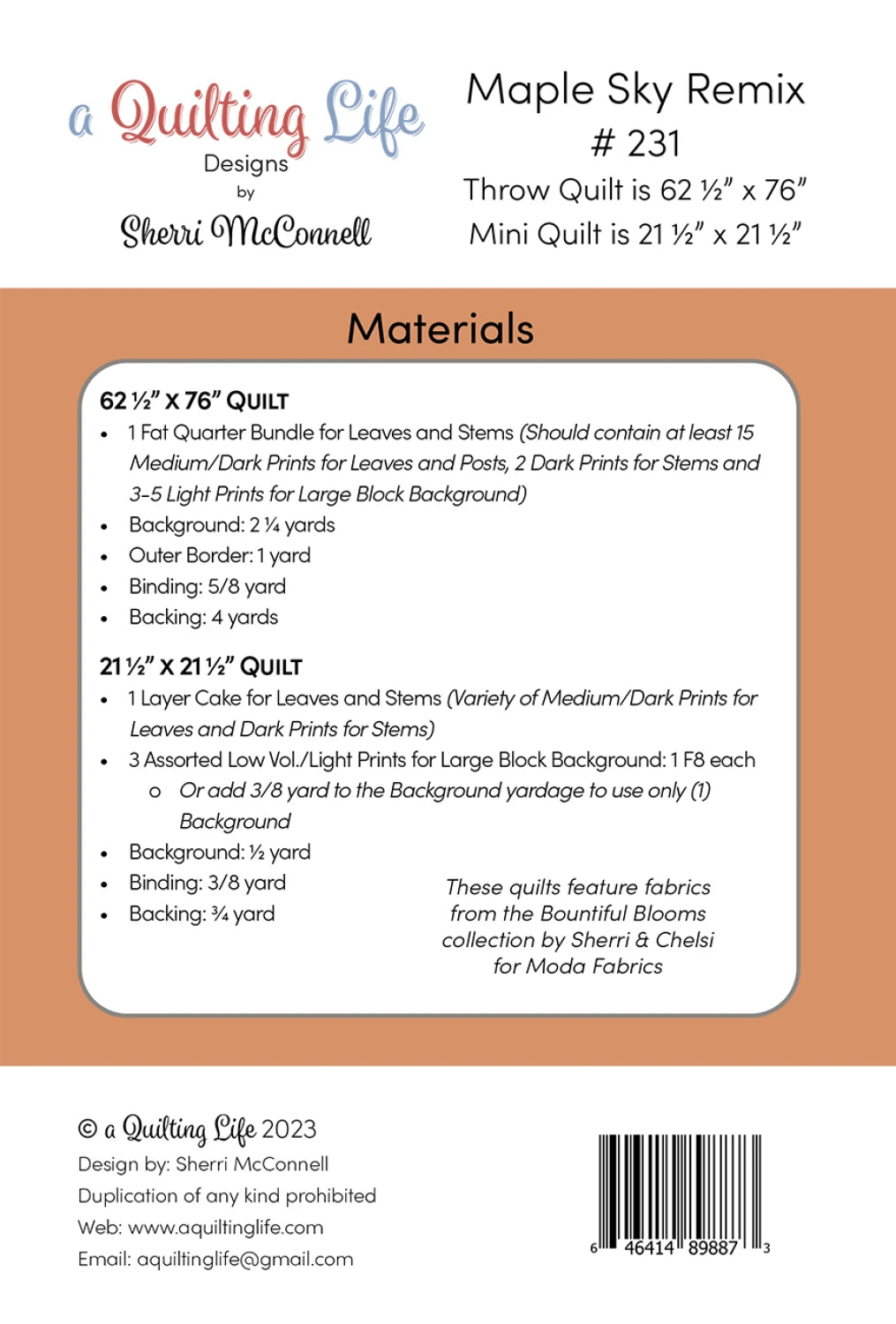 Back of the Maple Sky Remix Quilt Pattern by Quilting Life Designs