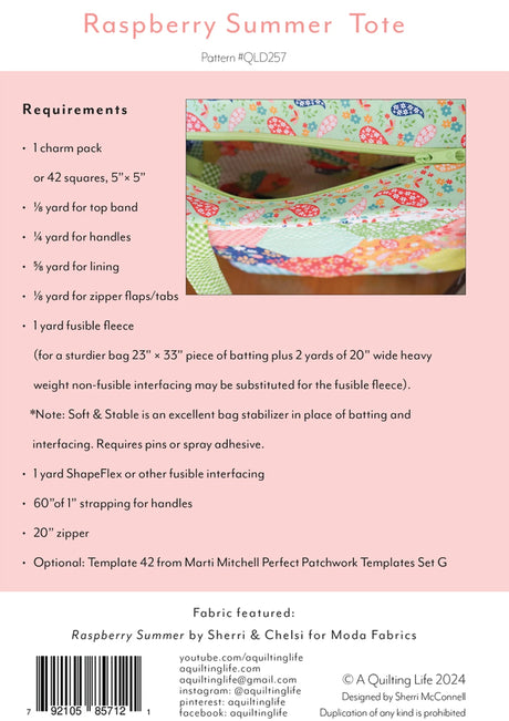 Back of the Raspberry Summer Tote by Quilting Life Designs