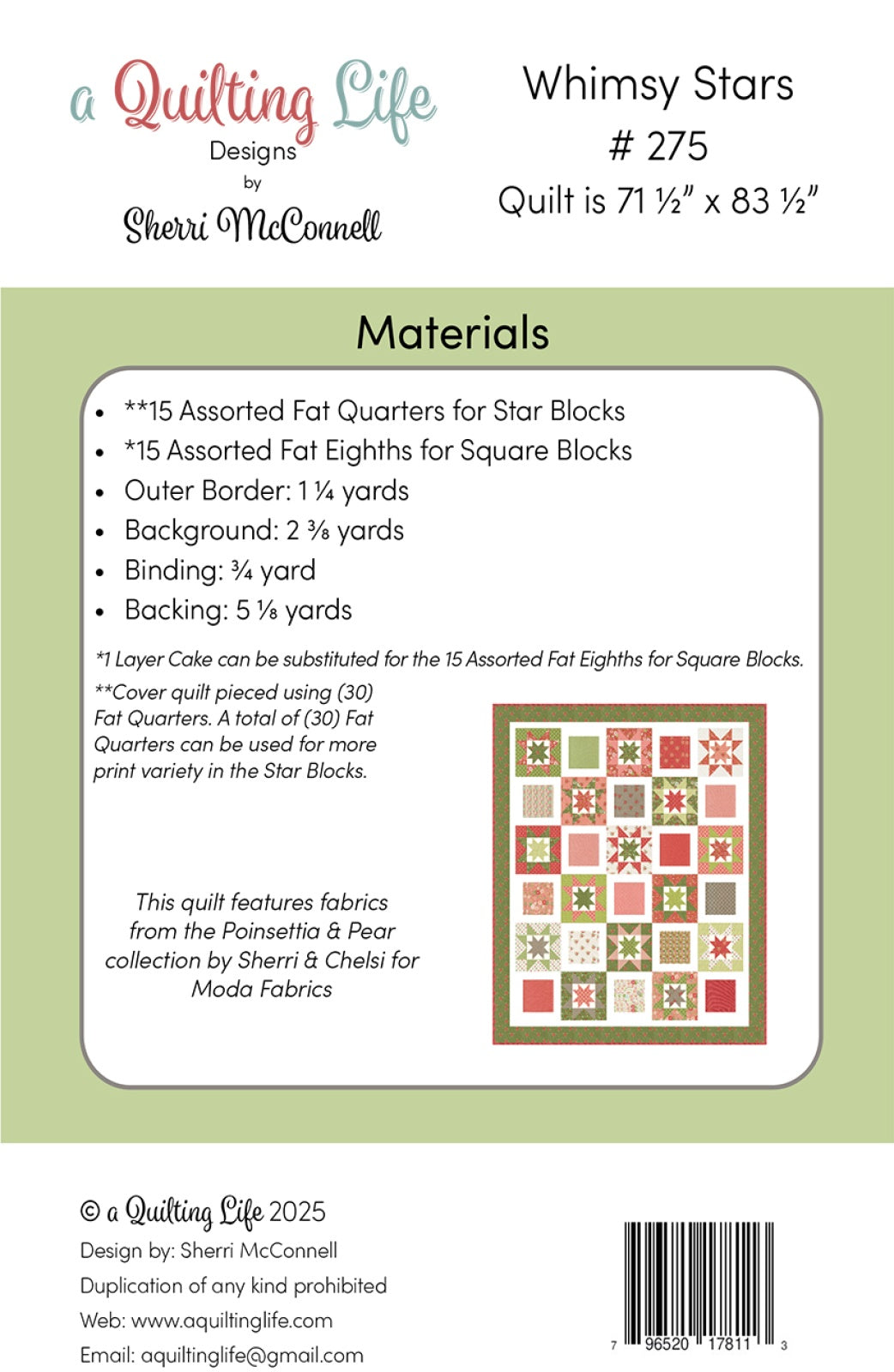 Back of the Whimsy Stars Quilt Pattern by Quilting Life Designs