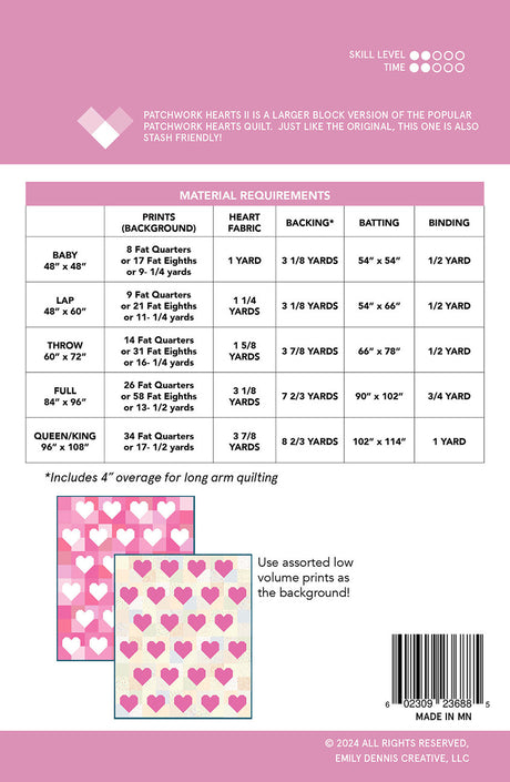 Back of the Patchwork Hearts II Quilt Pattern by Quilty Love